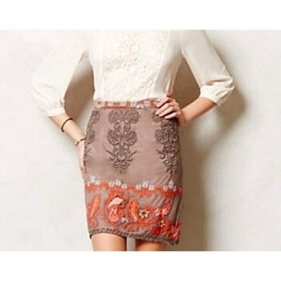 Anthropologie Yoana Baraschi Coffee Orange White Embroidered Skirt Women's SZ 4 - Picture 2 of 10